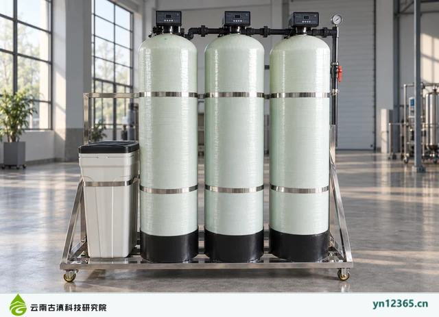 玻璃钢三罐软化过滤机组布局与外观示意（AI辅助图片 2，非项目实拍）