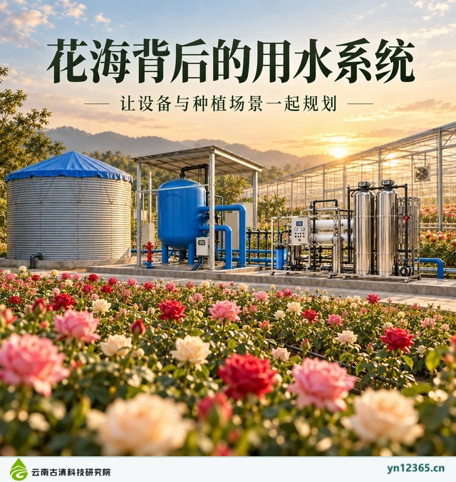 设备布局与局部配套示意：03_花海背后的用水系统（AI辅助，非项目实拍）