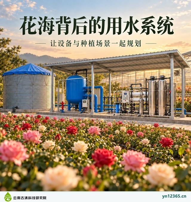 设备布局与局部配套示意：03_花海背后的用水系统（AI辅助，非项目实拍）