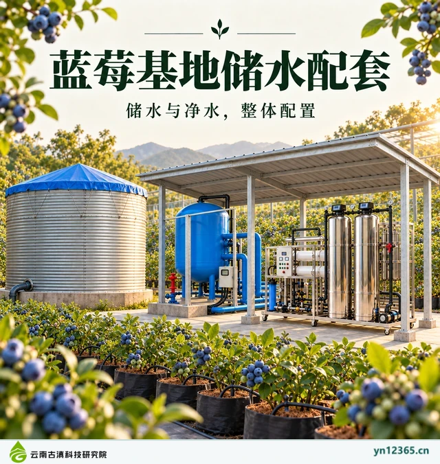 蓝莓无土种植用水方案布局与外观示意(AI辅助图片 2,非项目实拍)