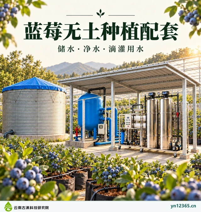 蓝莓无土种植用水方案布局与外观示意(AI辅助图片 3,非项目实拍)