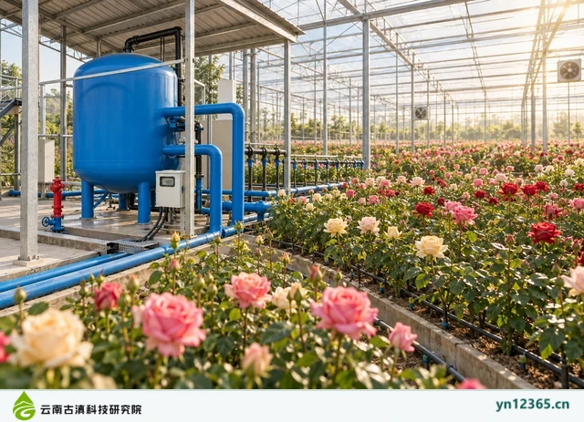 鲜花种植水处理场景布局与外观示意（AI辅助图片 1，非项目实拍）
