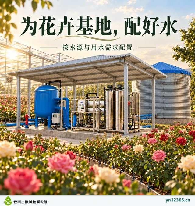 设备布局与局部配套示意：08_为花卉基地配好水（AI辅助，非项目实拍）