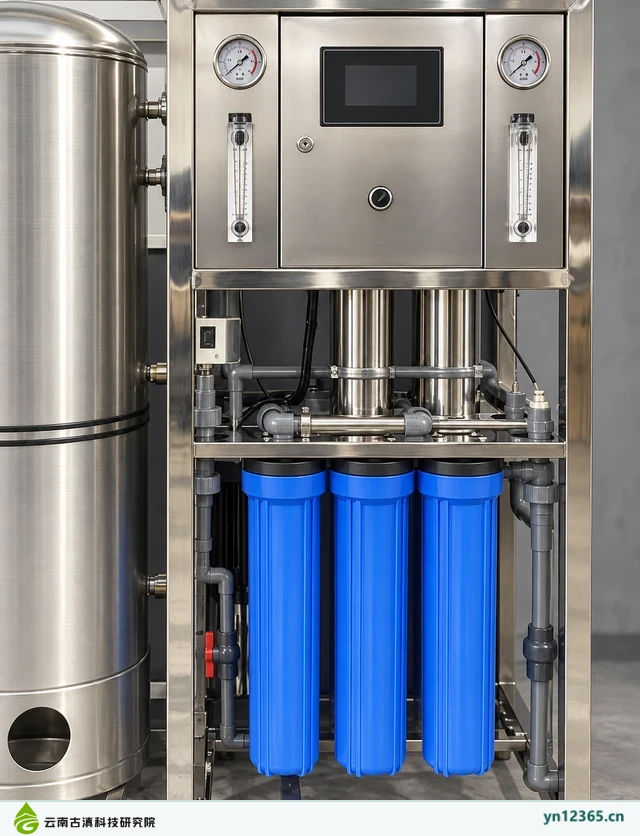 储水罐一体净水机布局与外观示意（AI辅助图片 3，非项目实拍）