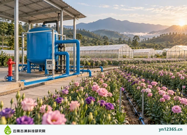 鲜花种植水处理场景布局与外观示意（AI辅助图片 3，非项目实拍）