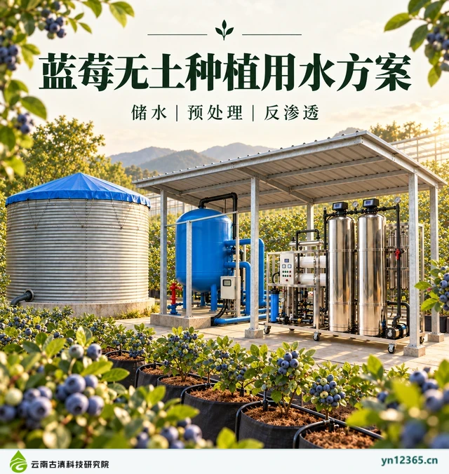 蓝莓无土种植用水方案布局与外观示意(AI辅助图片 1,非项目实拍)