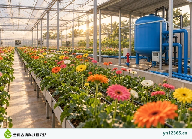 鲜花种植水处理场景布局与外观示意（AI辅助图片 2，非项目实拍）