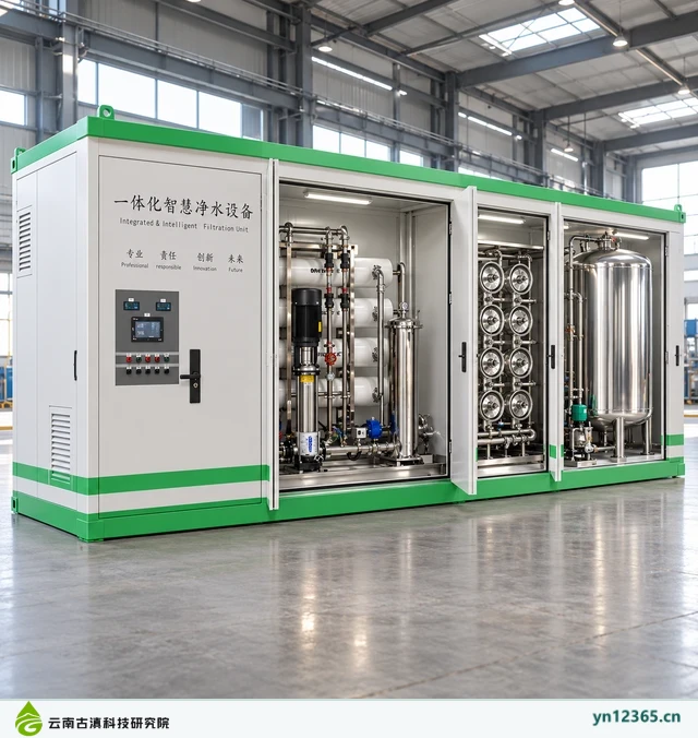 一体化智慧集装箱净水设备布局与外观示意(AI辅助图片 1,非项目实拍)